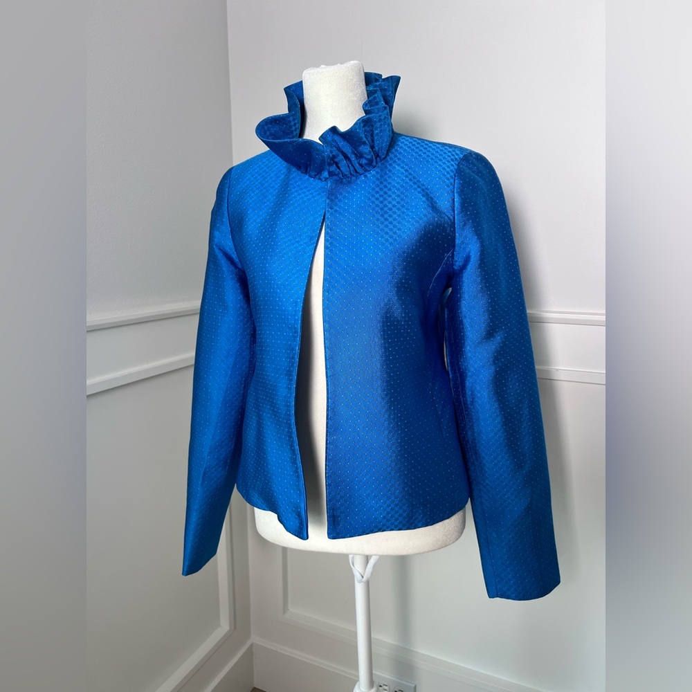 Vibrant Blue Women's Blazer with Ruffled Collar